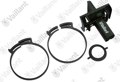 Vaillant Sensor mit Zubehörteilen und Befestigungsringen, die auf einem weißen Hintergrund angeordnet sind.